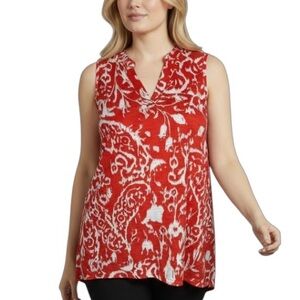 CHICOS Size 2 US L Ikat Print Sleeveless Top Slub Knit Cotton Modal‎ Red/White